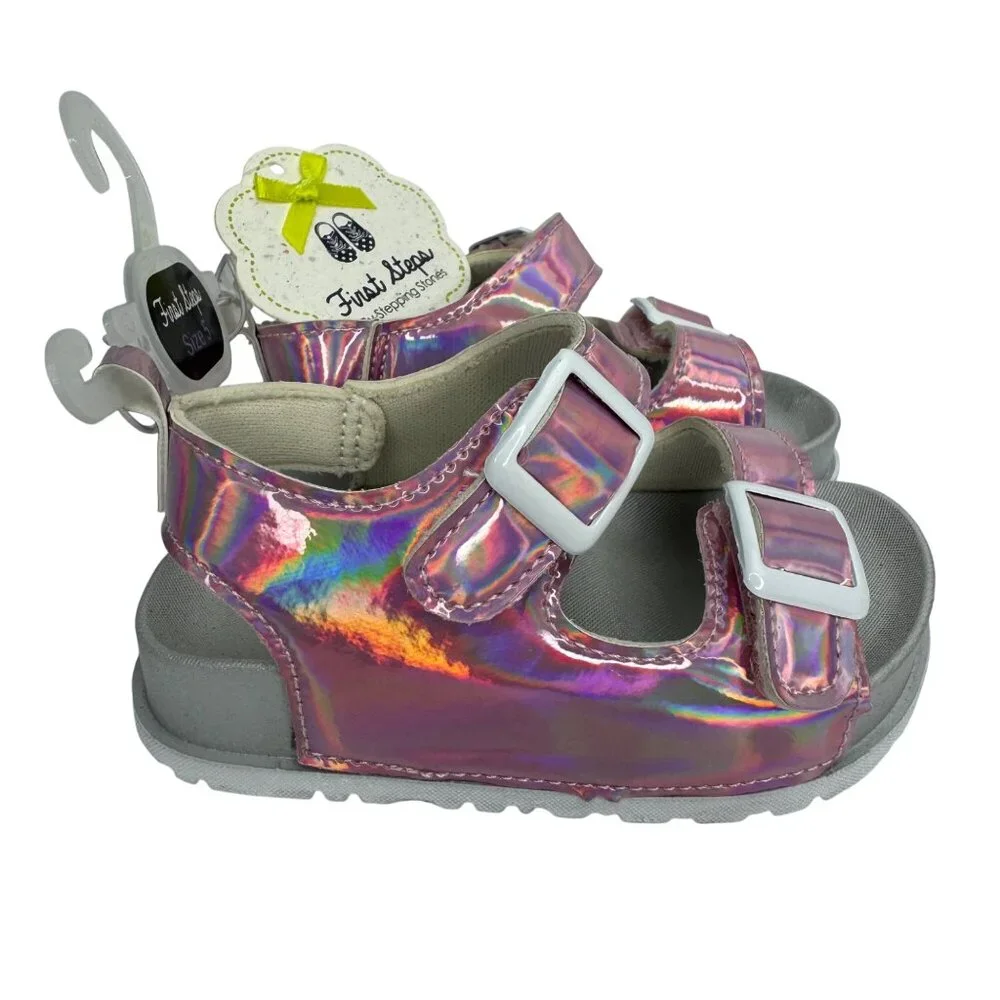 First Steps By Stepping Stones Iridescent Pink Velcro Strap Sandals Size 5 Toddl